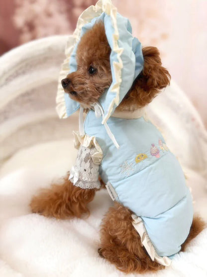Waterproof Down Hooded Jumpsuit with Cape Design for Small Dogs – Girly Edition